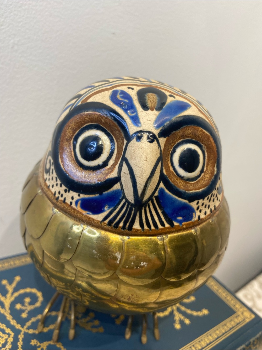Vintage Brass and Ceramic Owl Mexican Tonala Sculpture Signed - Picture 2 of 10